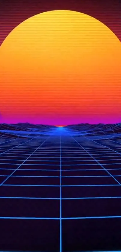 Retro neon sunset wallpaper with grid and vibrant colors.