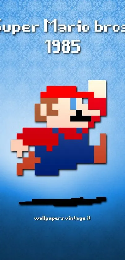 Retro 8-bit Super Mario jumping on blue textured background.