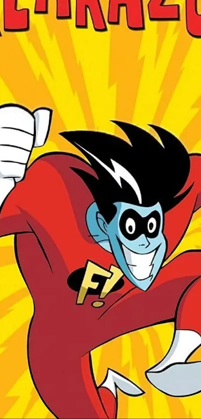 Cartoon superhero in red suit leaping dynamically.
