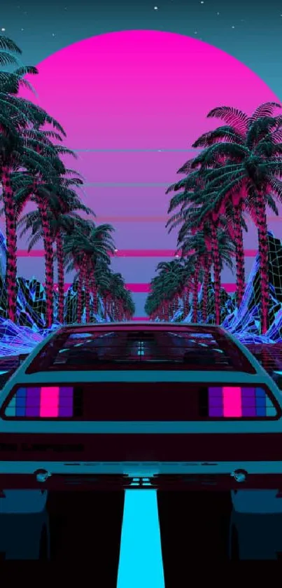 A retro synthwave wallpaper with a pink car and palm trees under a neon sky.