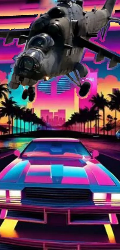 Retro car and helicopter with neon city backdrop in mobile wallpaper.