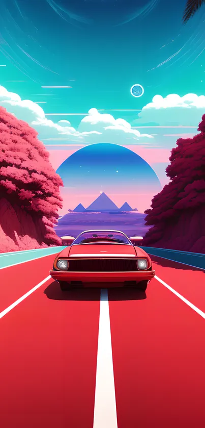 Retro synthwave wallpaper featuring a red car on a neon-colored road.