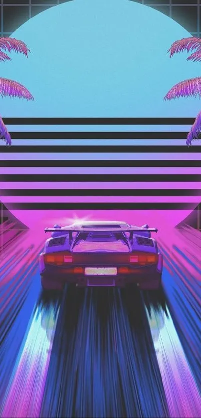 Retro synthwave wallpaper with car, neon colors, and palm trees.
