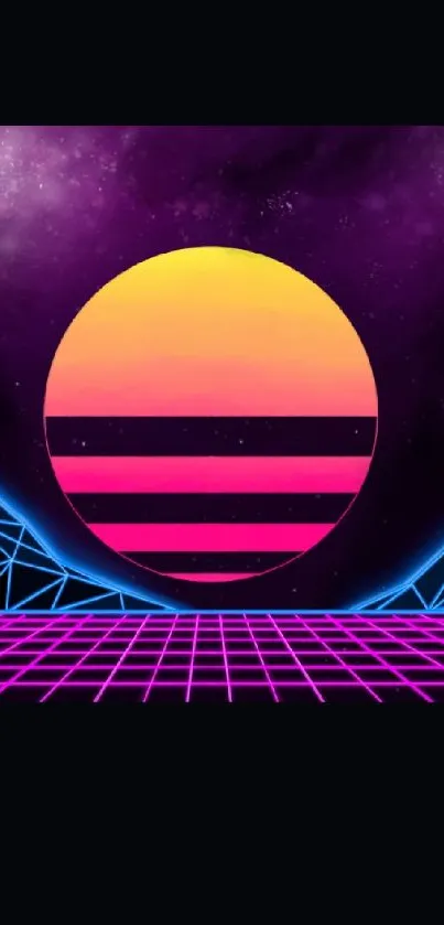 Retro synthwave wallpaper with neon grid, sunset, and purple background.