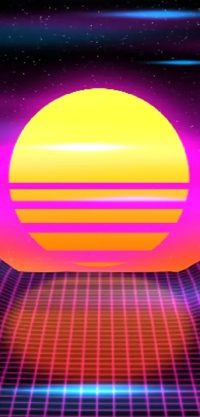 Retro synthwave sunset with neon mountains and vibrant colors.