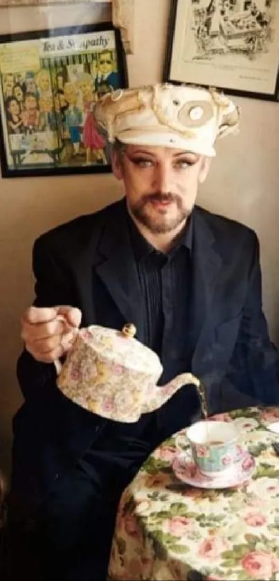 Man in vintage tea room with floral patterns and teapot.