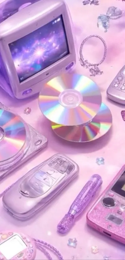 Retro tech aesthetic with vintage devices and pastel colors.