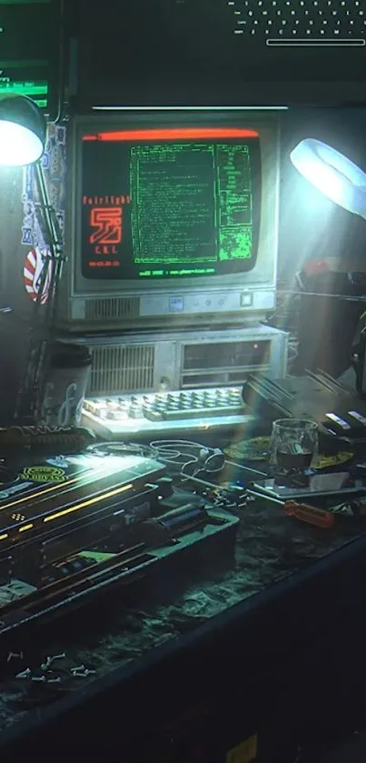 Retro tech desktop with cyberpunk vibe and vintage computer.