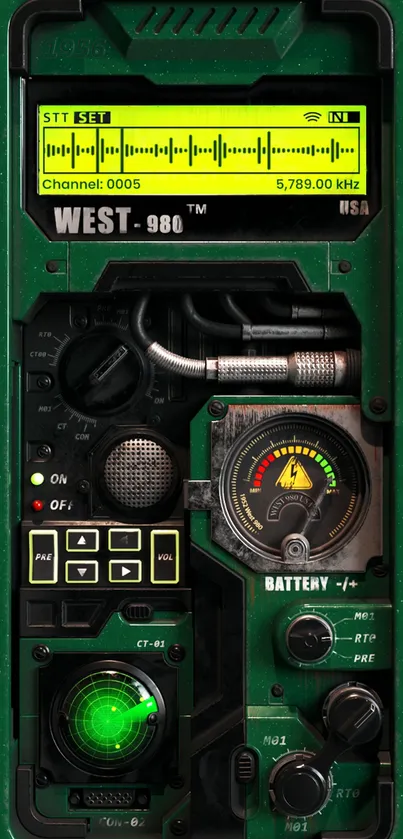 Retro tech interface wallpaper with green display and vintage dials.