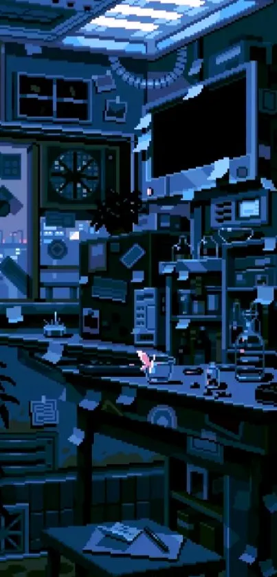 Pixel art wallpaper of a retro tech-themed room.