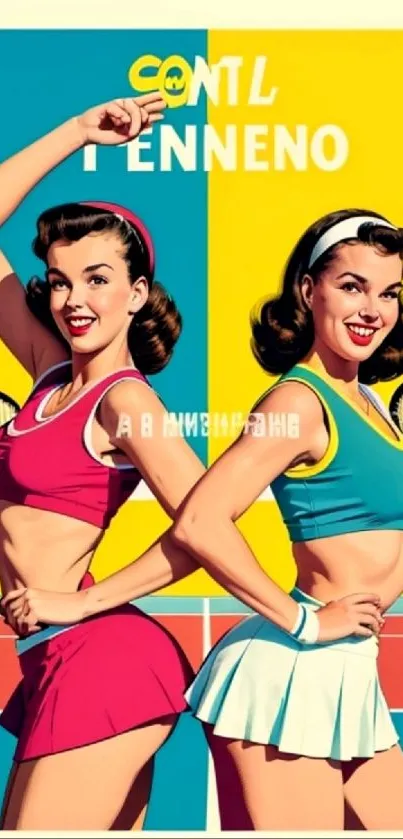 Retro-style tennis artwork with two women in colorful attire.