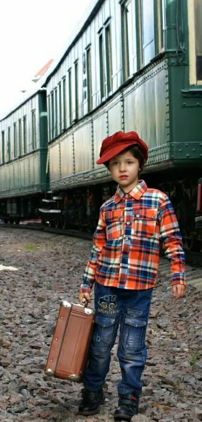 Child in retro attire beside a vintage train.