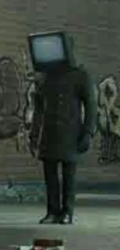 Mysterious figure with TV head in urban street art scene.