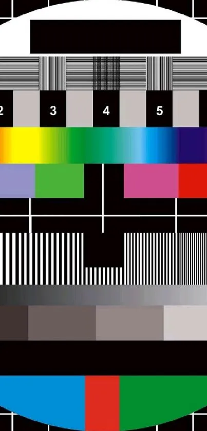 Retro TV test pattern wallpaper with colorful spectrum and geometric shapes.