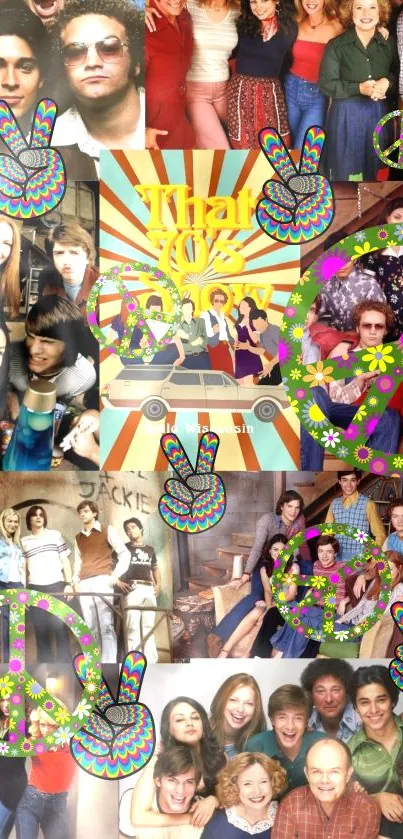 Retro collage of a classic TV show with characters and peace signs.