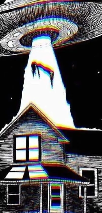 Retro UFO art with abduction scene and farmhouse.