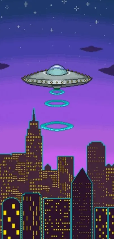 Pixel art wallpaper with UFO over city.