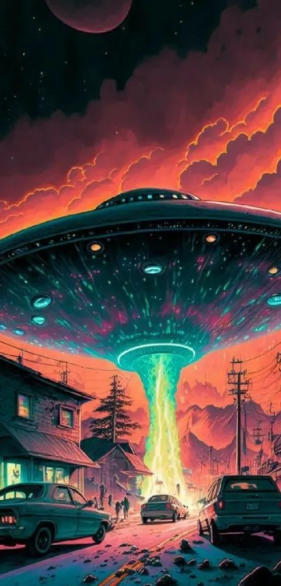 Colorful retro UFO hovering above a small town at night, in neon colors.