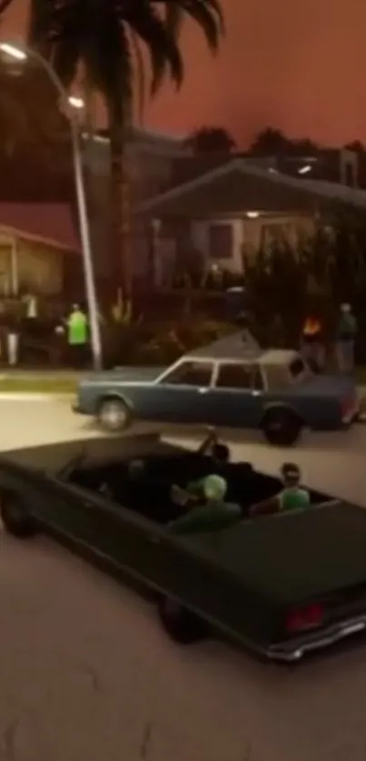 Classic urban evening with cars and palm trees.