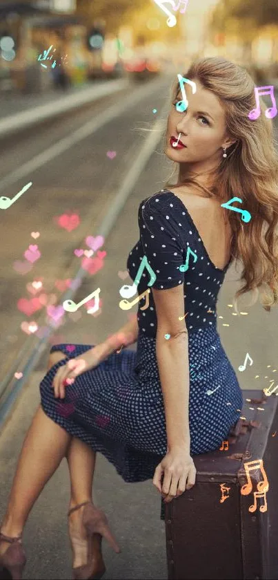 Stylish woman in polka dot dress sitting on a suitcase on a city street.