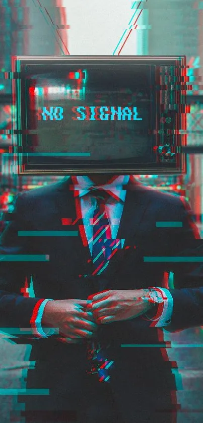 Retro glitch art wallpaper of a suit figure with TV head in an urban setting.