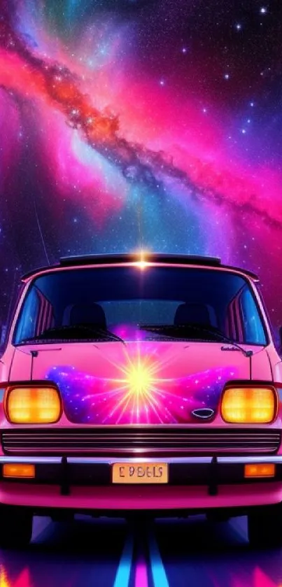 Retro van on colorful road beneath a galaxy sky.