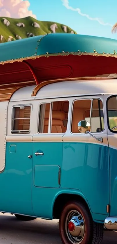 Retro van parked on a sunny tropical beach with palm trees and mountains in the background.