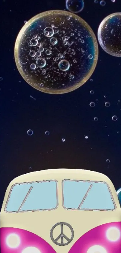 Retro van with cosmic bubbles on a dark blue smartphone wallpaper.