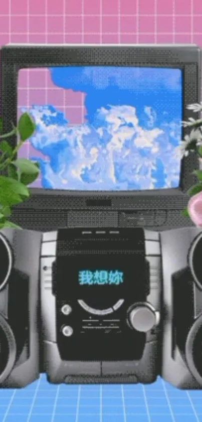 Retro vaporwave wallpaper with TV, plants, and speakers.