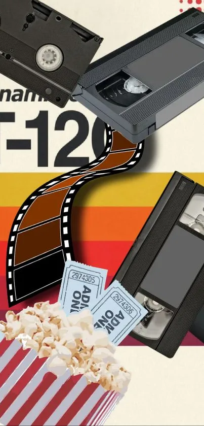 Retro wallpaper featuring VHS tapes, popcorn, and movie tickets with vibrant stripes.