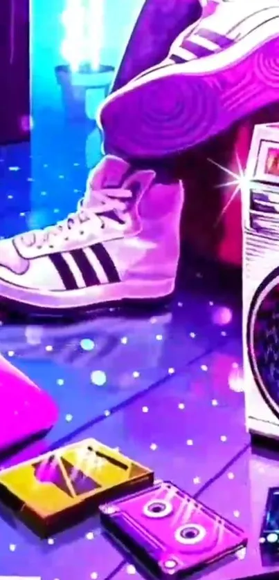 Retro neon-themed wallpaper with sneakers and a boom box.