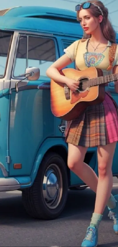 Stylish woman in plaid skirt playing guitar beside a retro blue van.