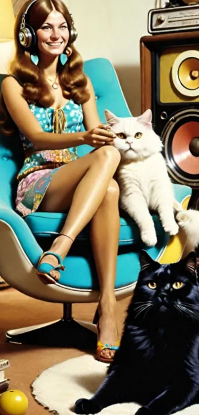 Retro woman with headphones and cats in a colorful room.