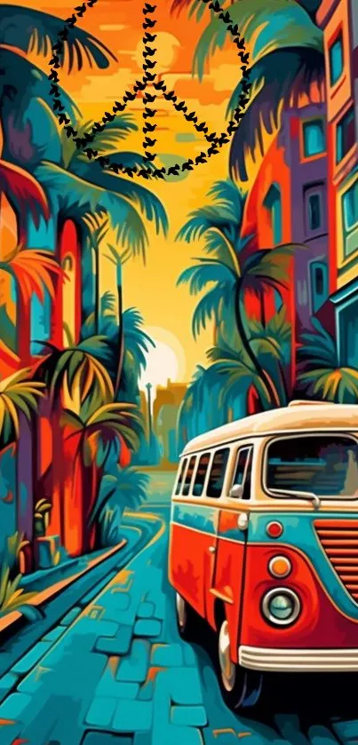 Retro cityscape with vintage van and vibrant colors.