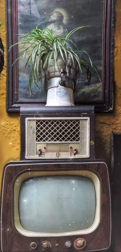 Vintage TV with plant decor against mustard yellow wall.