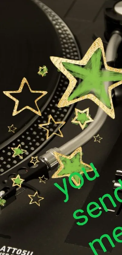 Retro vinyl turntable with green stars and text overlay.