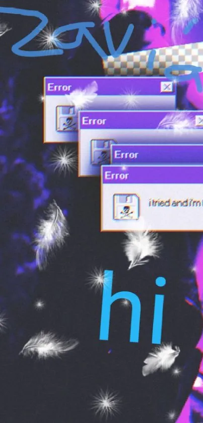 Mobile wallpaper with retro error windows and purple aesthetic.