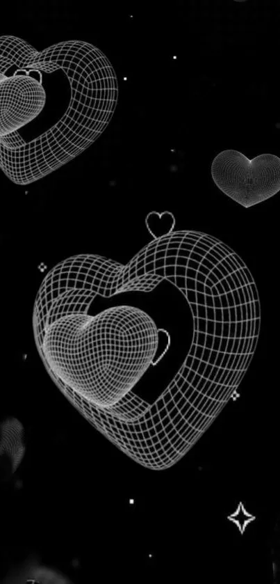 Black and white wireframe hearts on a dark background.