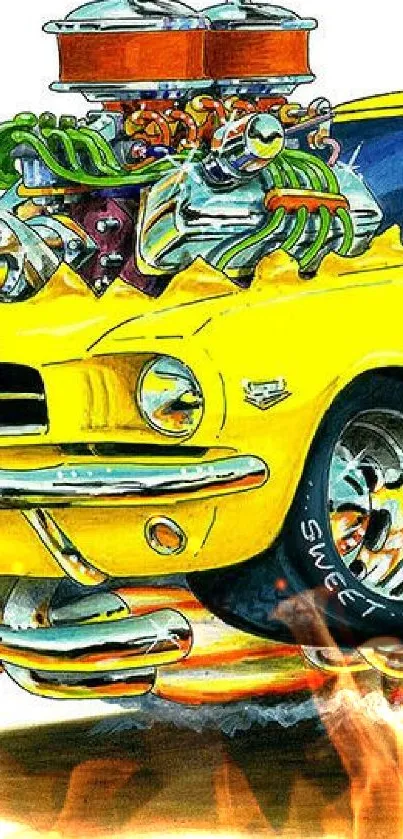 Artistic illustration of a yellow muscle car with vibrant design.