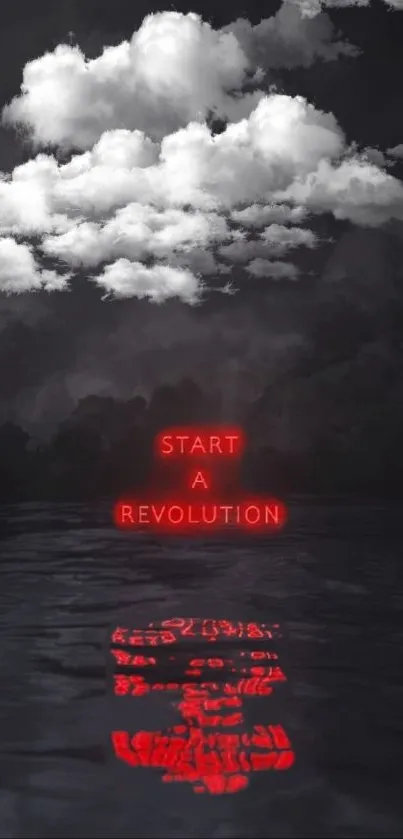 Neon 'Start a Revolution' text with clouds and water reflection.