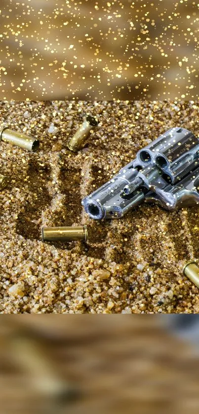 Revolver with bullets on glittering golden brown sand background.