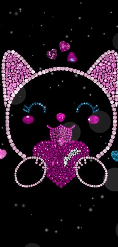 Cute rhinestone cat with pink gems on a black background.