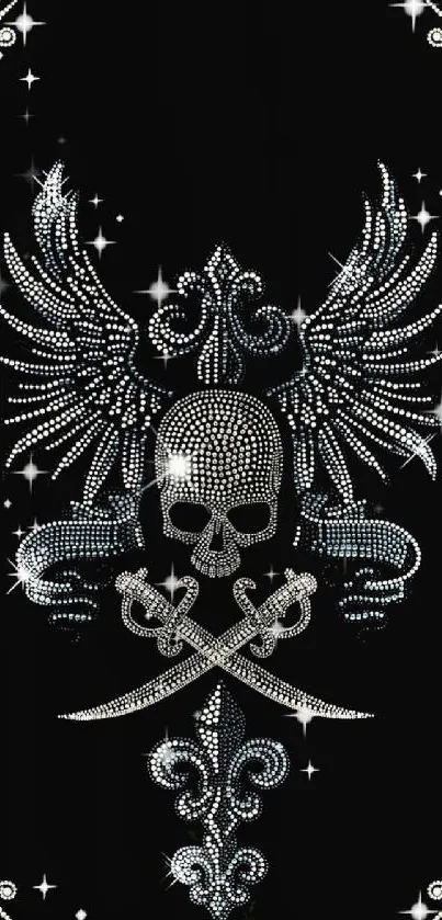 Rhinestone skull with wings on black mobile wallpaper.