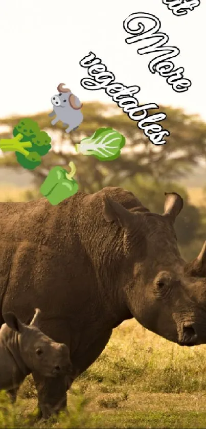 Rhino mother with calf in a sunlit savannah landscape with text overlay.