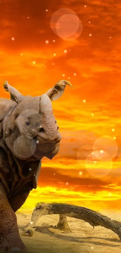 Rhino wandering against a vibrant orange sunset.