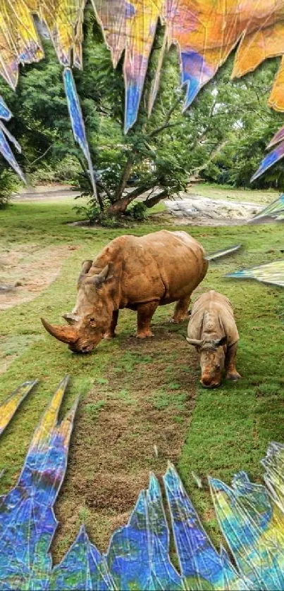 Rhinos on grass with colorful abstract accents.