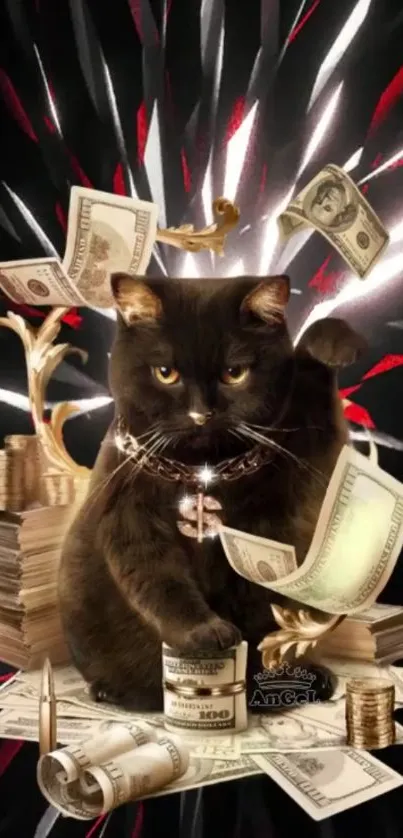 Luxurious black cat surrounded by money and gold on a dark background.