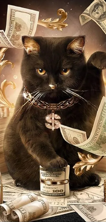 Dark cat surrounded by cash and gold in a luxurious wallpaper design.