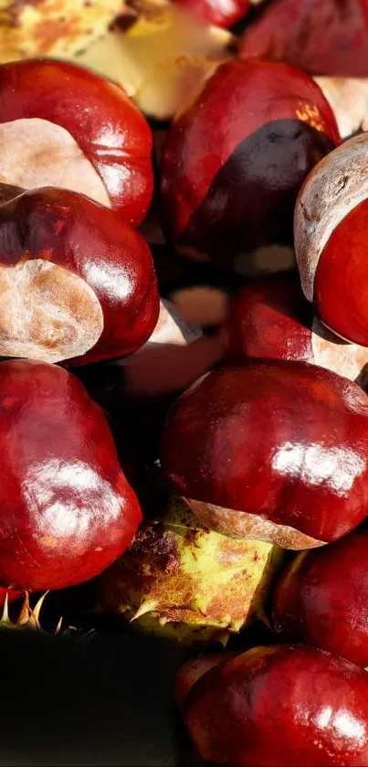 Close-up of shiny chestnuts in warm autumn colors for mobile wallpaper.