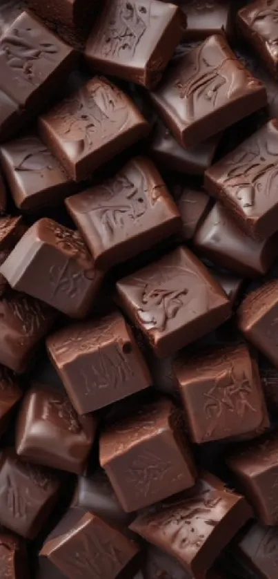 Close-up of rich, dark chocolate cubes arranged randomly.